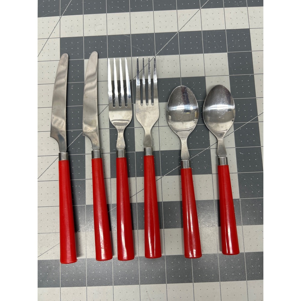 Vintage Flatware Silverware Set 6pcs Red Stainless Steel Taiwan MCM Retro